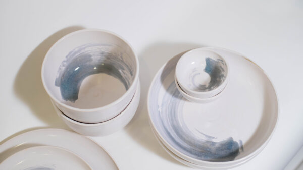 White with Blue Amber Swirls - 5-Piece Dinnerware Set for Two - Image 3