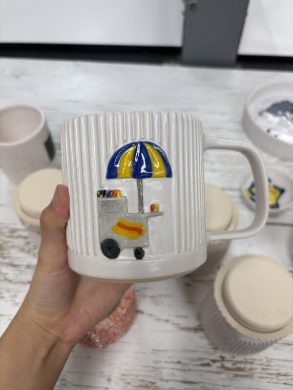 Commission: Kianna G (pigeon / hot dog cart mug) (Final Payment)