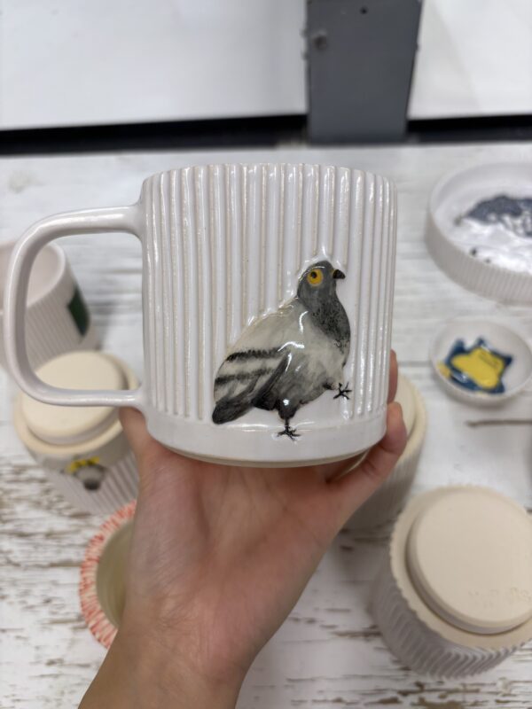 Commission: Kianna G (pigeon / hot dog cart mug) (Final Payment)
